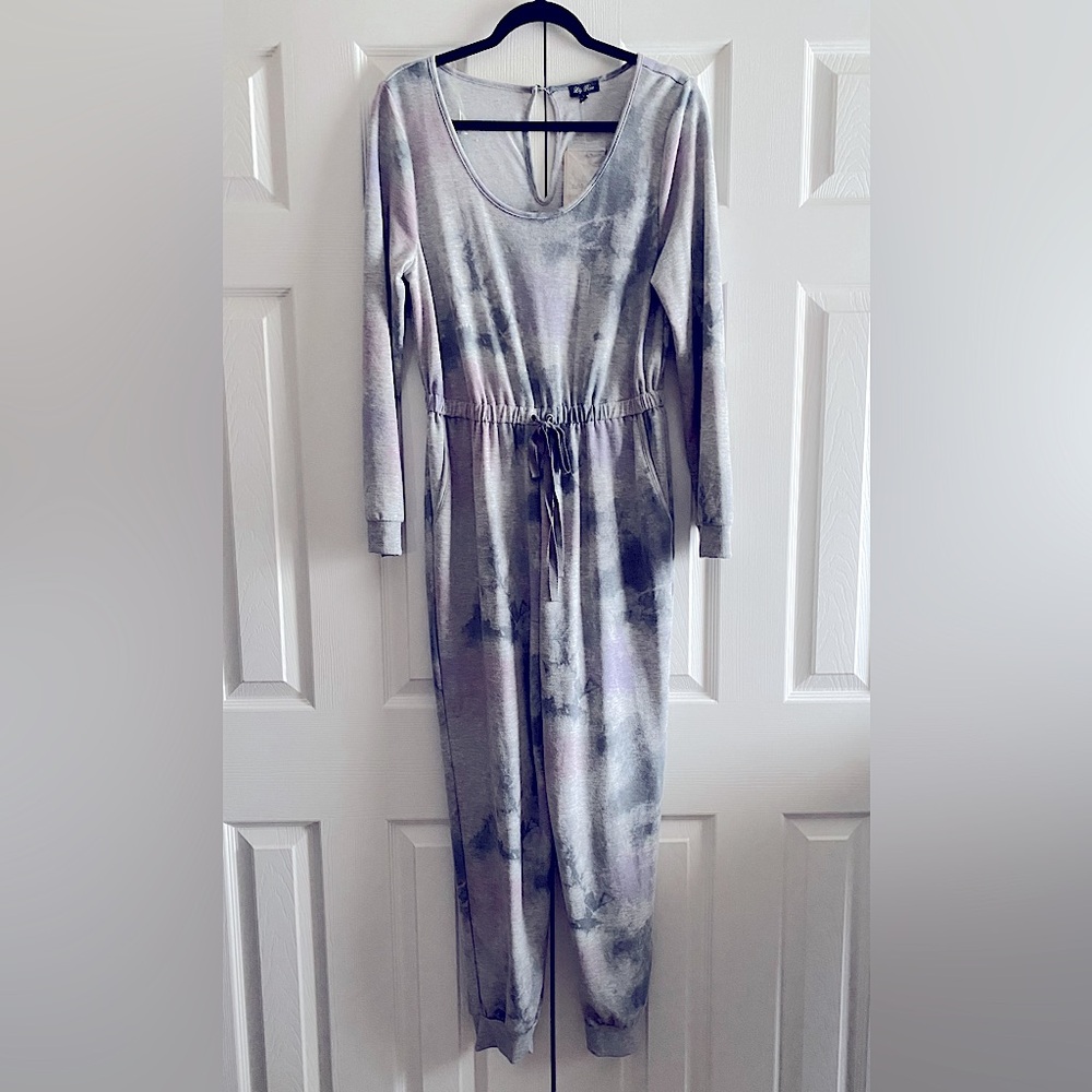 LILY ROSE TIE DYE KNIT DRAWSTRING WAIST JOGGERS PANTS JUMPSUIT Gray Purple L